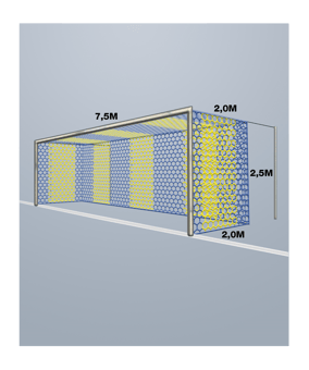 Cawila Tornetz HEXA 7,50x2,50m | Tiefe 2,0x2,0m | Maschenweite 12cm | Stärke 4mm | blau/gelb - blau