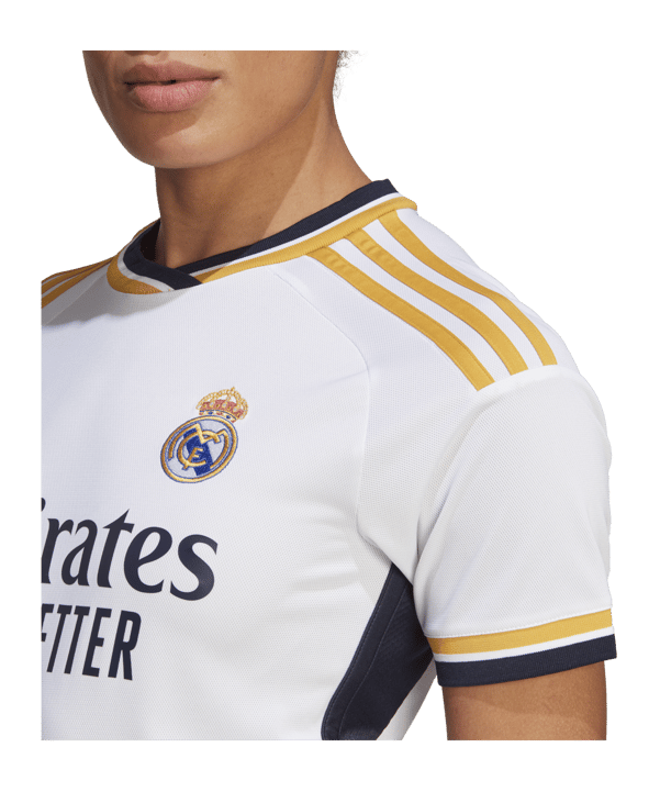 Maillot Real Madrid 2023-2024 – Réplique Officielle, Adulte, 100% Polyester, Col Blanc/noir/doré, écusson Silicone