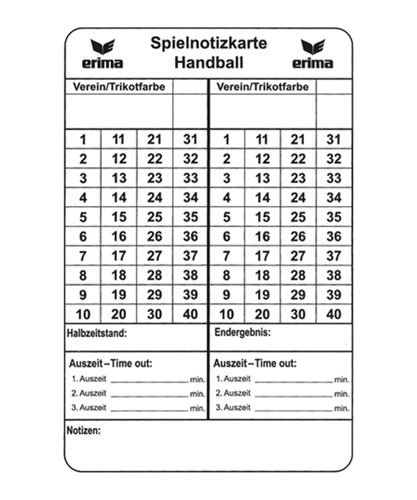 Erima Spielnotizkarten Handball 50 Stück