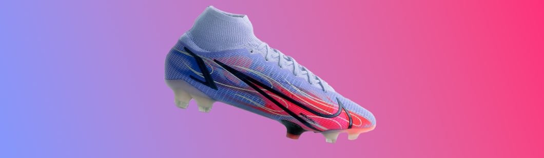 Nike Mercurial Superfly football boot featuring white upper, blue red gradient swoosh design, visible Air Zoom cushioning pod and Dynamic Fit collar