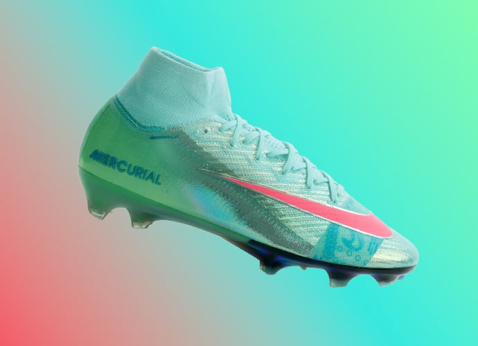 Nike Mercurial Superfly high-top soccer cleat featuring mint turquoise upper with pink coral swoosh, teal blue Mercurial text and number 13 detail