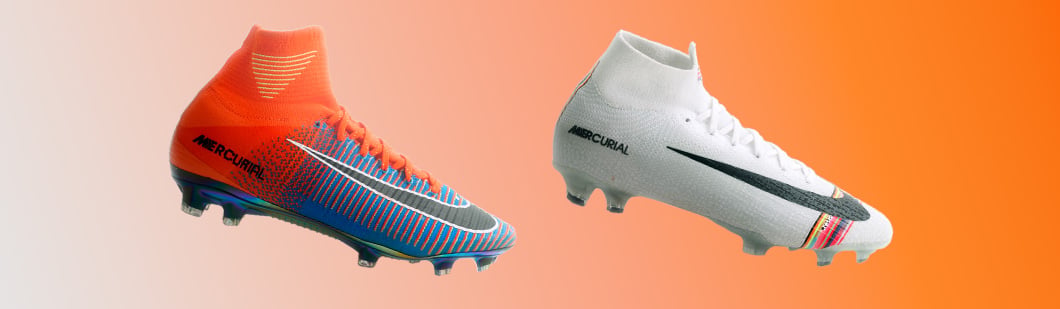 Nike Mercurial Superfly football boots side by side - left orange red blue gradient with black swoosh, right white with black swoosh and multicolor accents