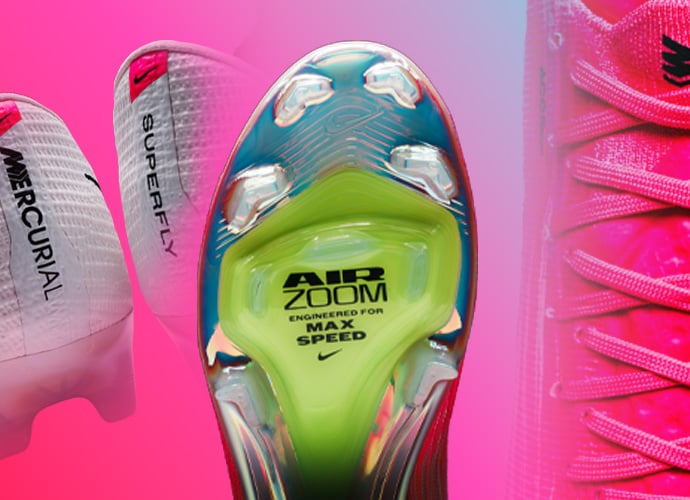 Detail view of Nike Mercurial Superfly boot showcasing Air Zoom insole technology, white mesh upper and pink accents