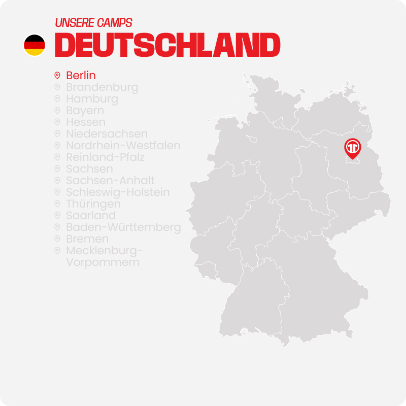 Map of Germany with all federal states listed - Find football camps for children near you at 11teamsports Football Academy