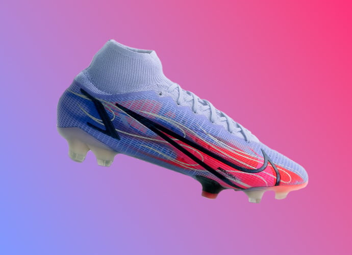 Nike Mercurial Superfly high-top soccer cleat in white with multicolor blue pink red swoosh, transparent Air Zoom unit and FG studs on gradient background