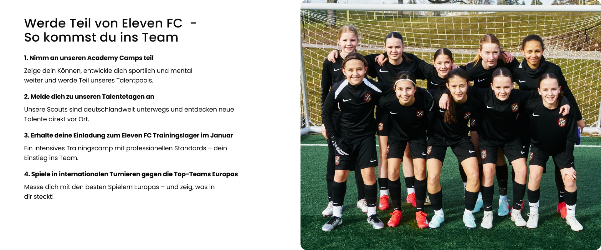 Group of young girls in black Eleven FC football kits posing in front of goal - Join the 11teamsports Football Academy team