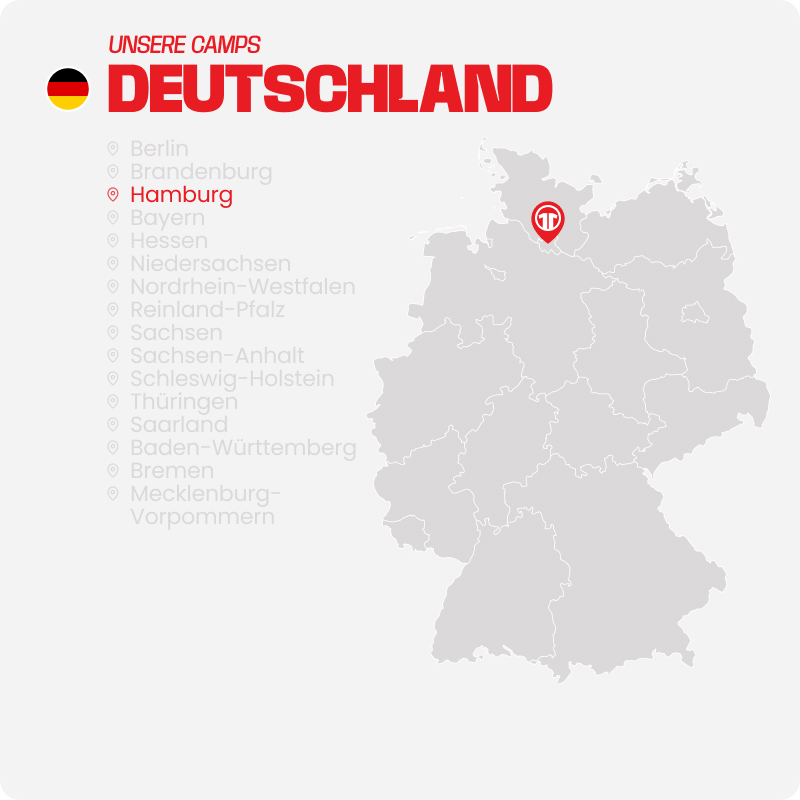 Map of Germany with all federal states listed - Find football camps for children near you at 11teamsports Football Academy