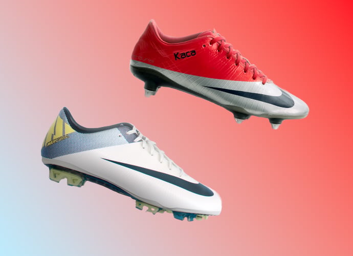 Nike Mercurial Vapor boots comparison showing red metallic and white colorways with SG studs on gradient background