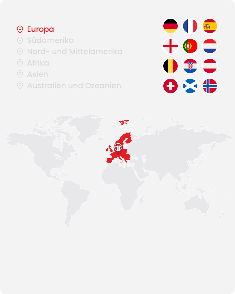 World map highlighting Europe with national team flags - Shop official European football shirts at 11teamsports