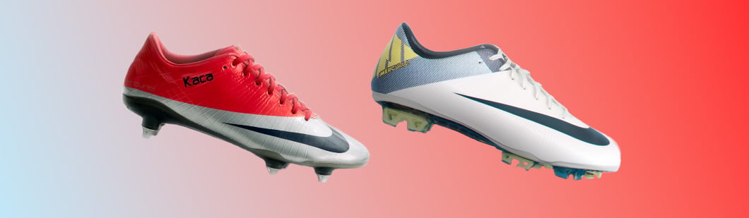 Two Nike Mercurial Vapor football boots side by side - red chrome colorway and white navy yellow colorway with soft ground studs