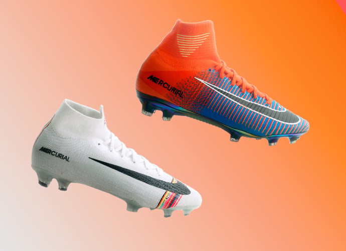 Nike Mercurial Superfly high-top soccer cleats comparison featuring orange to blue ombre colorway and clean white edition with rainbow graphic details