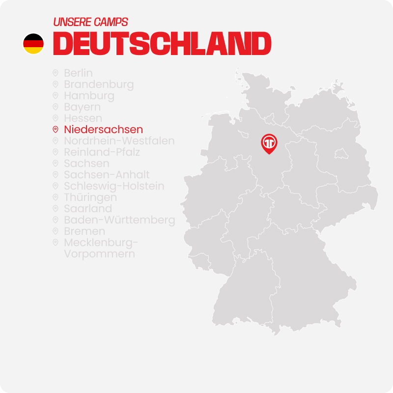 Map of Germany with all federal states listed - Find football camps for children near you at 11teamsports Football Academy