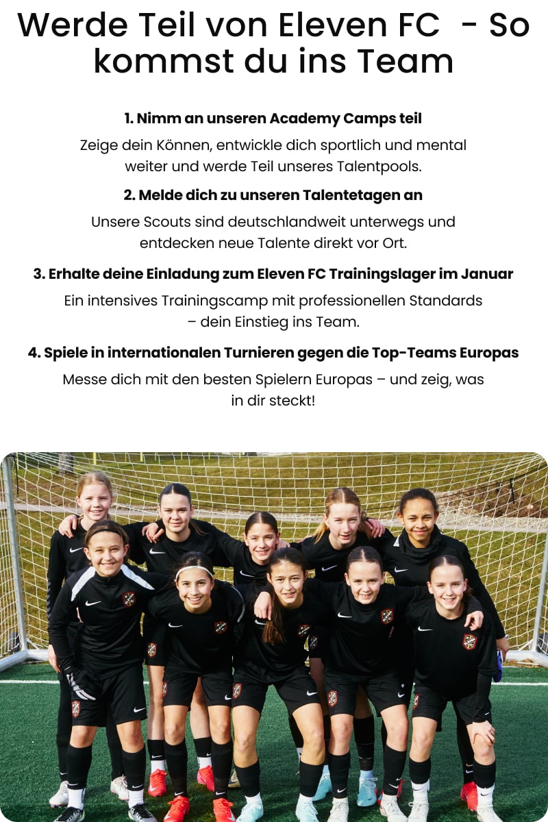Group of young girls in black Eleven FC football kits posing in front of goal - Join the 11teamsports Football Academy team