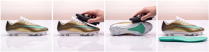 Cleaning a football boot in four steps: brush the upper, brush the FG sole, remove the insole