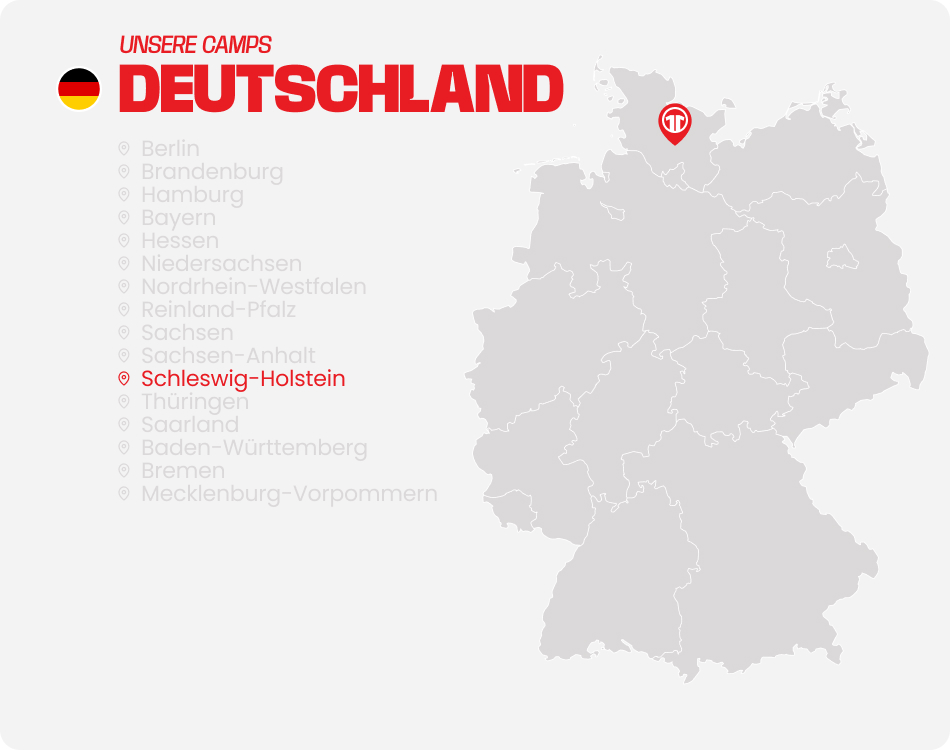 Map of Germany with all federal states listed - Find football camps for children near you at 11teamsports Football Academy