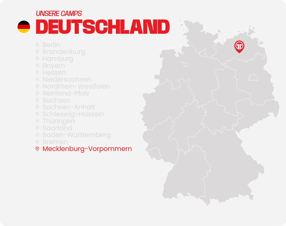 Map of Germany with all federal states listed - Find football camps for children near you at 11teamsports Football Academy