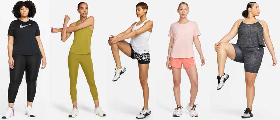 Montage mehrerer weiblichen Nike Models mit unterschiedlichen Nike One Outfits. Das Banner zeigt die Bandbreite der Fitness- und Sportbekleidungs-Kollektion speziell für Frauen