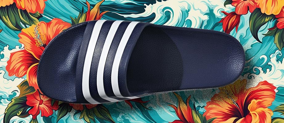 adidas aqua Adilette Badelatsche in Dunkelblau von oben mit Blick auf den Riemen und das ergonomisch leicht geformte Fußbett vor einem blumigen Hawaii-Hemden-Hintergrund mit Wellen, um den Namen Aqua und das Wasserthema zu unterstreichen