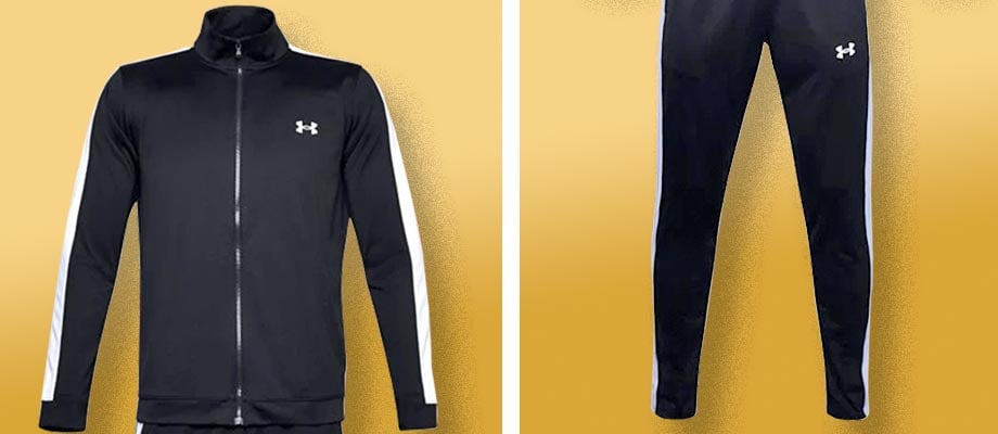 Under Armour EMEA Trainingsanzug vor zweiteiligem golggelbem Hintergrund: linke Häflte Detailansicht des oberen Anzugteils mit Jacke. Rechte Hälfte Detailansicht der Hose als unterer Teil des Anzugs