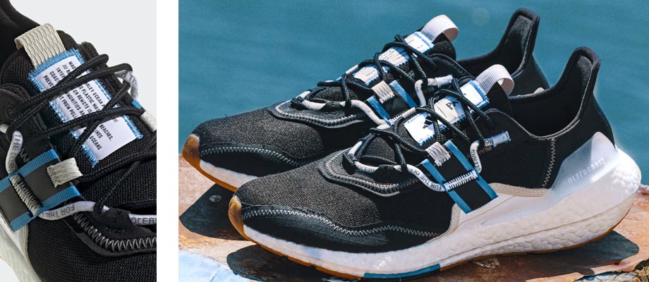 adidas Ultraboost 22 x Parley Laufschuh schwarz - eine Collage aus Zungendetail mit Parley-Textlabel und Parley-beschrifteten Zierschnürsenkeln links - rechts ein Paar der Parley-Sondermodelle als Produktfotografie vor Wasserhintergrund für das maritime Thema mit Parley for the Oceans