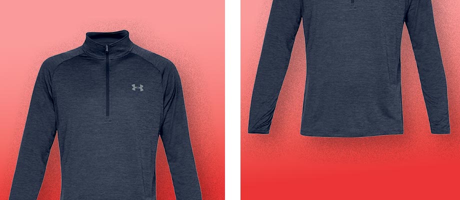 Under Armour Tech Halfzip Sweatshirt Dunkelblau meliert F409 vor einem roten Hintergrund, der das Thema Aktivity, Fitness und energetische Power transportieren soll
