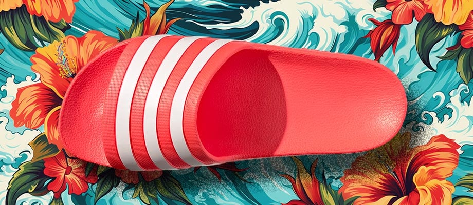 adidas aqua Adilette Badelatsche in Neonrot von oben mit Blick auf den Riemen und das ergonomisch leicht geformte Fußbett vor einem blumigen Hawaii-Hemden-Hintergrund mit Wellen, um den Namen Aqua und das Wasserthema zu unterstreichen