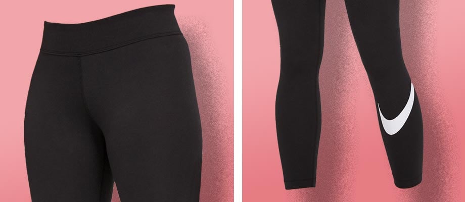 Nike Essentials Leggings Damen Schwarz F010 vor einem rosa Hintergrund
