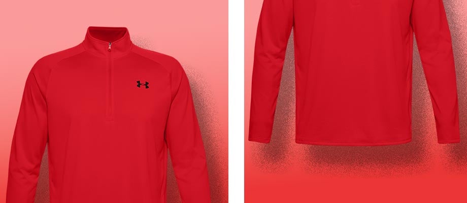 Under Armour Tech Halfzip Sweatshirt Rot F602 vor einem roten Hintergrund, der das Thema Aktivity, Fitness und energetische Power transportieren soll