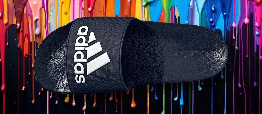 adidas Cloadfoam Adilette in dunklem Legend Ink Blau in Aufsicht mit Blick auf den den Riemen mit eingeprägtem adidas Sportswear-Logo in kontrastierendem Weiß und auf die ergonomisch geformte Sohle