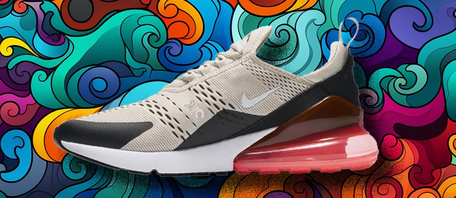 Nike Air Max 270 Sneaker Beige Schwarz Rot F003 vor einem 80er-Jahre Popart Stil Comic-Hintergrund im Lichtenstein-Sil