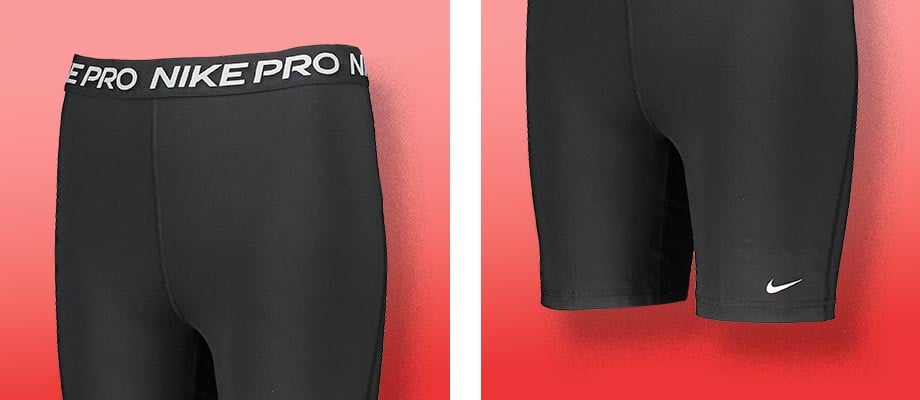 Nike 365 Short Damen schwarz mit 7 Inch Radlerhosenlänge - zwei Detailschots nebeneinander am Damenmodell: links oberer Teil der Short mit Bund, rechts Short mit Fokus auf die Beine