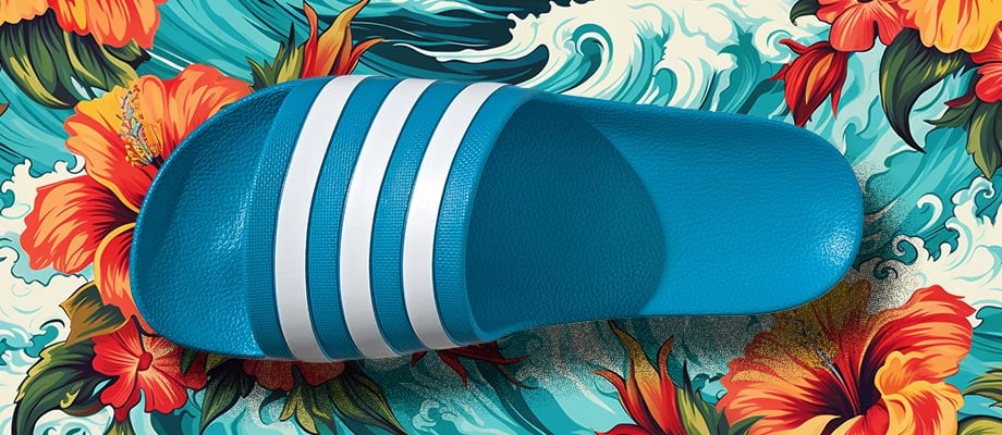 adidas aqua Adilette Badelatsche in T&uuml;rkis (dunkleres Hellblau) von oben mit Blick auf den Riemen und das ergonomisch leicht geformte Fu&szlig;bett vor einem blumigen Hawaii-Hemden-Hintergrund mit Wellen, um den Namen Aqua und das Wasserthema zu unterstreichen