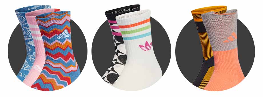 Collage von unterschiedlichen adidas Socken von gemusterten Grafik-Socken über adidas Originals Lifestylesocken bis zu gepolsterten Sportsocken und Runningsocken, um die Bandbreite und Kompetenz von adidas als Sockenhersteller anzudeuten