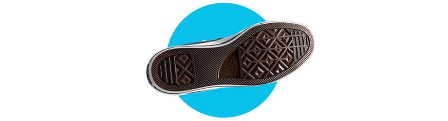 Sohlenansicht des blauen Hi Chucks mit Blick auf All Star Signature Profil und Sohlenform