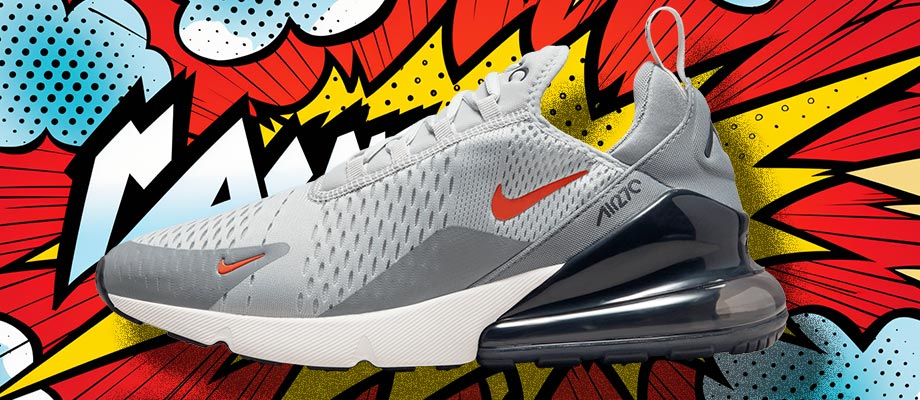 Nike Air Max 270 SC Grau Orange Schwarz Sneaker vor einem 80er-Jahre Popart Stil Comic-Hintergrund im Lichtenstein-Sil