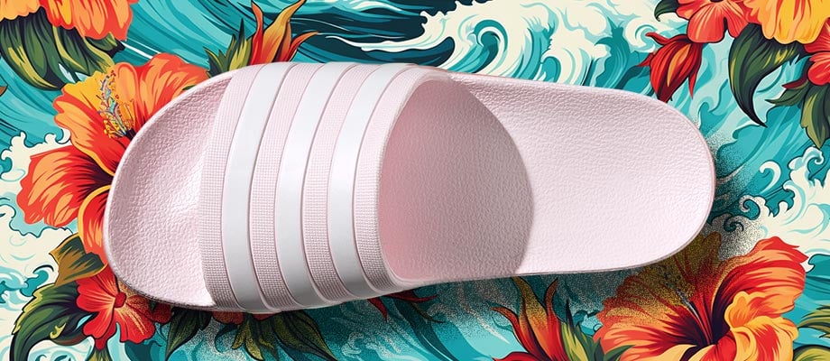 adidas aqua Adilette Badelatsche Damen in Rosa mit weiße Streifen von oben mit Blick auf den Riemen und das ergonomisch leicht geformte Fußbett vor einem blumigen Hawaii-Hemden-Hintergrund mit Wellen, um den Namen Aqua und das Wasserthema zu unterstreichen