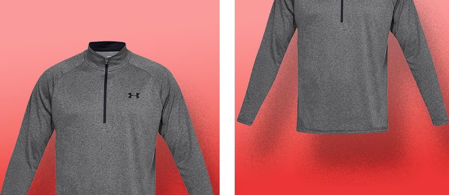 Under Armour Tech Halfzip Sweatshirt Grau meliert F090 vor einem roten Hintergrund, der das Thema Aktivity, Fitness und energetische Power transportieren soll