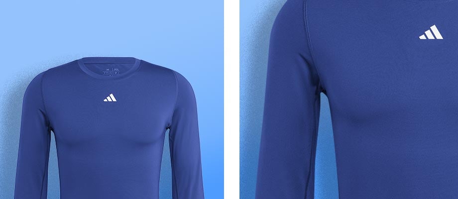 adidas TechFit Aeroready Longsleeve in blauem Team Royal Blue vor teamsportblauem Hintergrund in Splitview: links Frontansicht des Langarm-Unterhemds, rechts Detailansicht mit Schulter- und Armnähten und dem adidas Performance-Logo zentriert auf der Brust