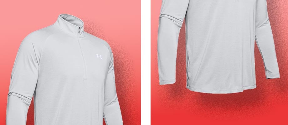 Under Armour Tech Halfzip Sweatshirt Hellgrau F014 vor einem roten Hintergrund, der das Thema Aktivity, Fitness und energetische Power transportieren soll