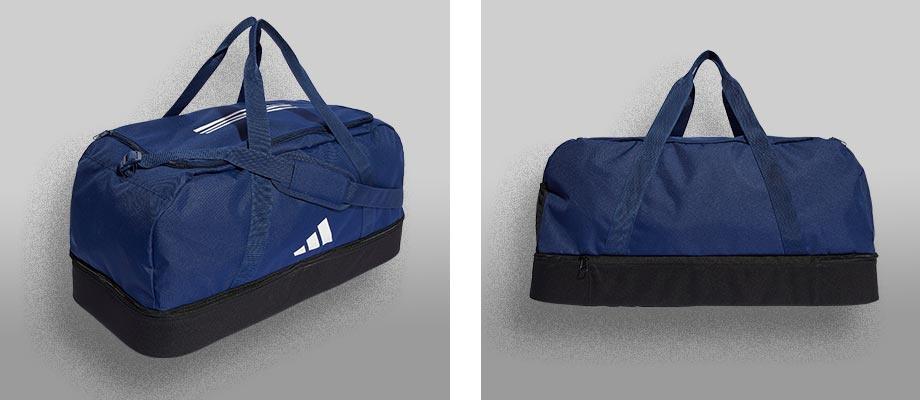 Blaue adidas Tiro League Duffelbag Bottom Compartment Sporttasche in Größe L in Splitansicht: links diagonal fotografiert die Vorderseite mit adidas Performance-Logo, rechts die neutrale Rückseite der adidas Tiro Sporttasche