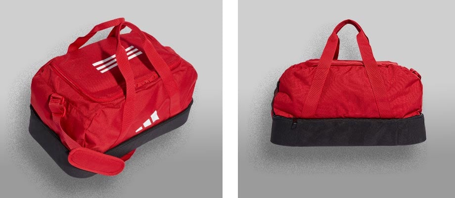 Sac de sport adidas Tiro League Duffelbag Bottom Compartment en taille compacte S en vue divisée : à gauche, la face avant photographiée en diagonale avec le logo adidas Performance, à droite, le dos neutre du sac de sport adidas Tiro