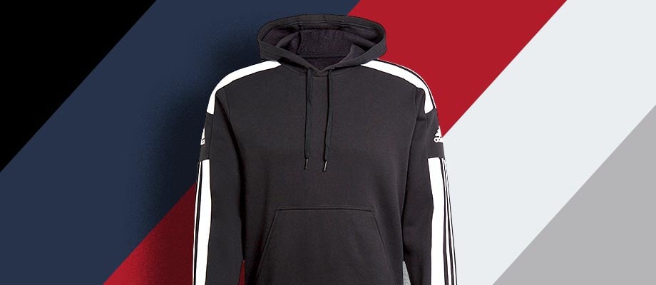 adidas Squadra 21 Hoody schwarz vor einem Hintergrund aus Farbflächen der verfügbaren Teamsportfarben in der Squadra 21 Linie