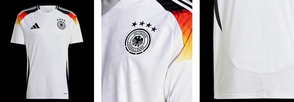 Das adidas DFB Deutschland Fan Trikot Home für die EM 2024 als dreiteilige Collage mit Vollansicht links, Detailblick auf das DFB-Wappen mittig und rechts Closeup-Blick auf den Mesh-Einsatz am Rücken