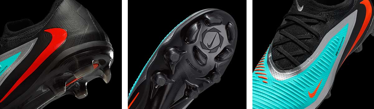 Nike Phantom 6 Low Pro Kindertopmodell Detailansicht: links die Fersenkappe mit Teil des Nike Swooshs, mittig das Cyclone 360 Sohlen-Rotationselement aus dem Erwachsenen-Topmodell, rechts das neue VenomSkin Upper (ehemalige Topmodell-Technologie aus dem Vorgänger Phantom GX) ... tolles Feature für Kinderfußballschu