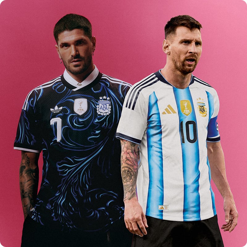 Two players wearing Argentina home and away Adidas jerseys - Shop official AFA football shirts at 11teamsports