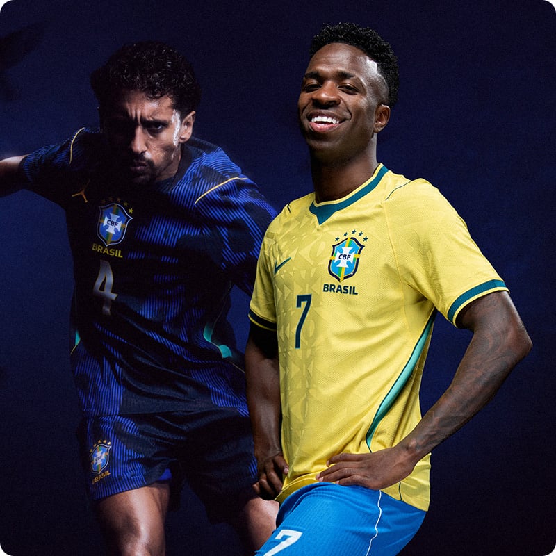 Two players wearing Brazil home and away Nike jerseys - Shop official CBF football shirts at 11teamsports