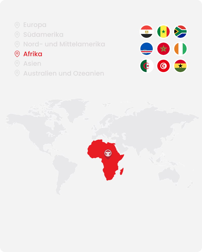 Red highlighted Africa map with nine national flags including Egypt, Morocco and Ivory Coast - Official African football shirts at 11teamsports