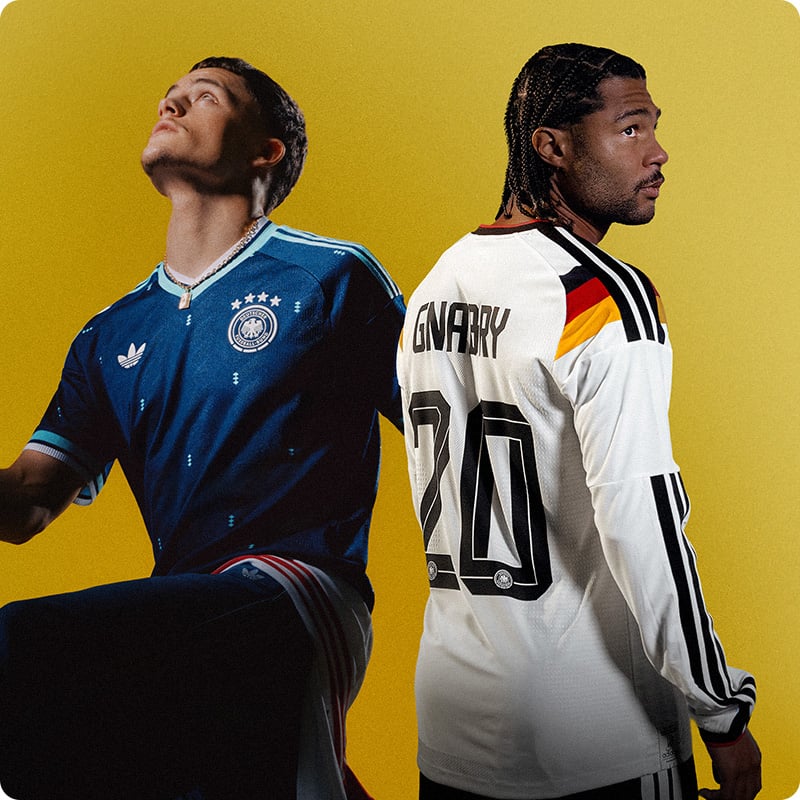Germany navy away kit and retro white home shirt with Gnabry 20 print - Official DFB jerseys at 11teamsports