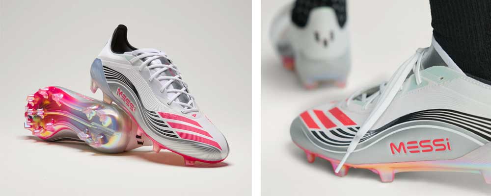 zweigeteilte Ansicht: links: ein Paar Messi F50 Topmodelle komponiert mit Sohlen- und Seitenansicht fotografiert - rechts ein Closeup auf den MESSI-Schriftzug sei