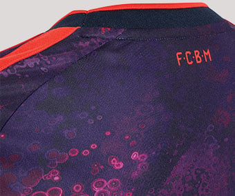 FCBM neck print, ribbed collar and close-up of the all-over print
